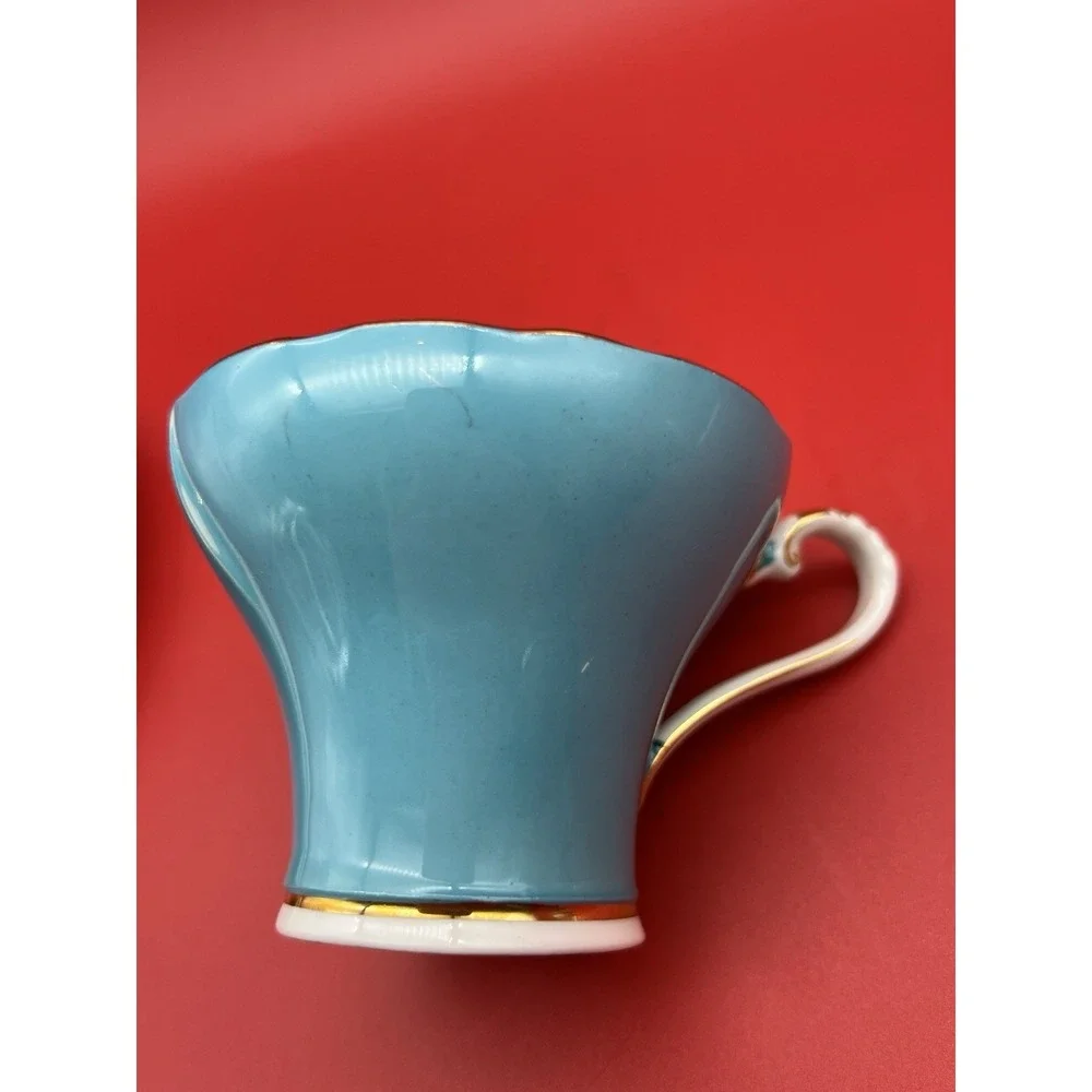 Vintage Aynsley Cabbage Rose Turquoise Corset Cup & Saucer Raised Paint